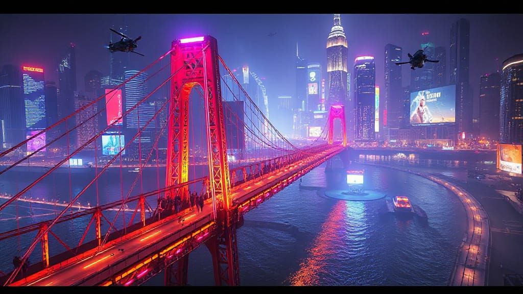 Cyberpunk Cityscape with Futuristic Suspension Bridge