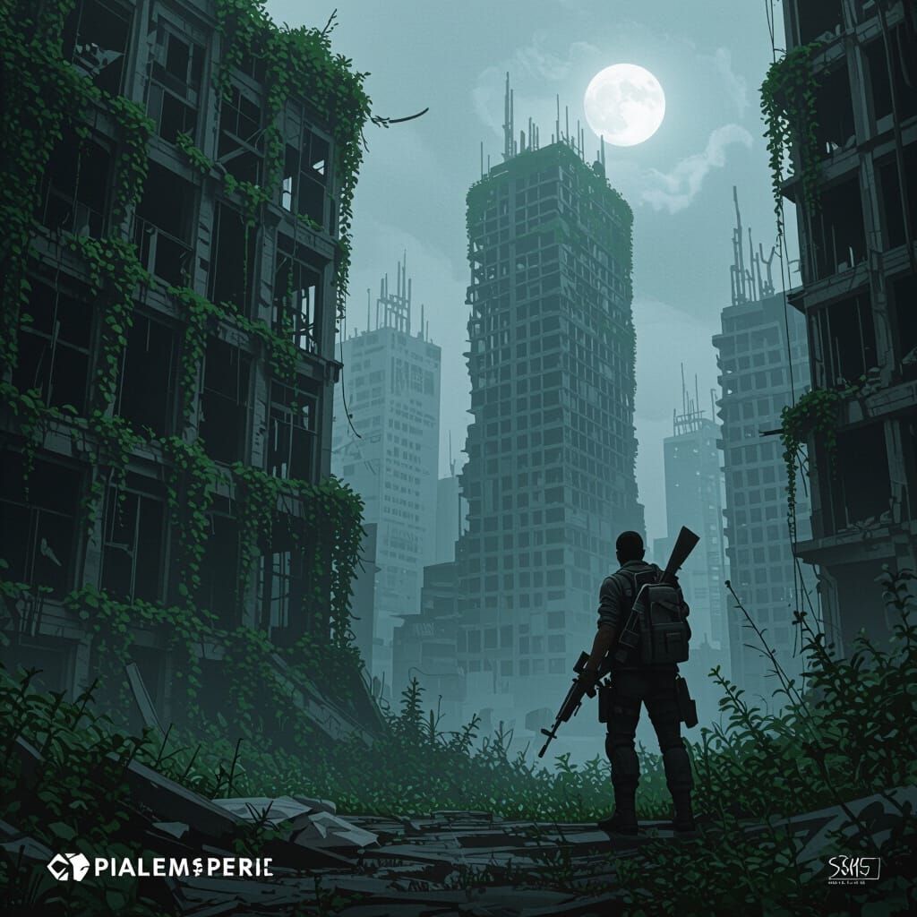 Survivor in Overgrown Post-Apocalyptic Cityscape
