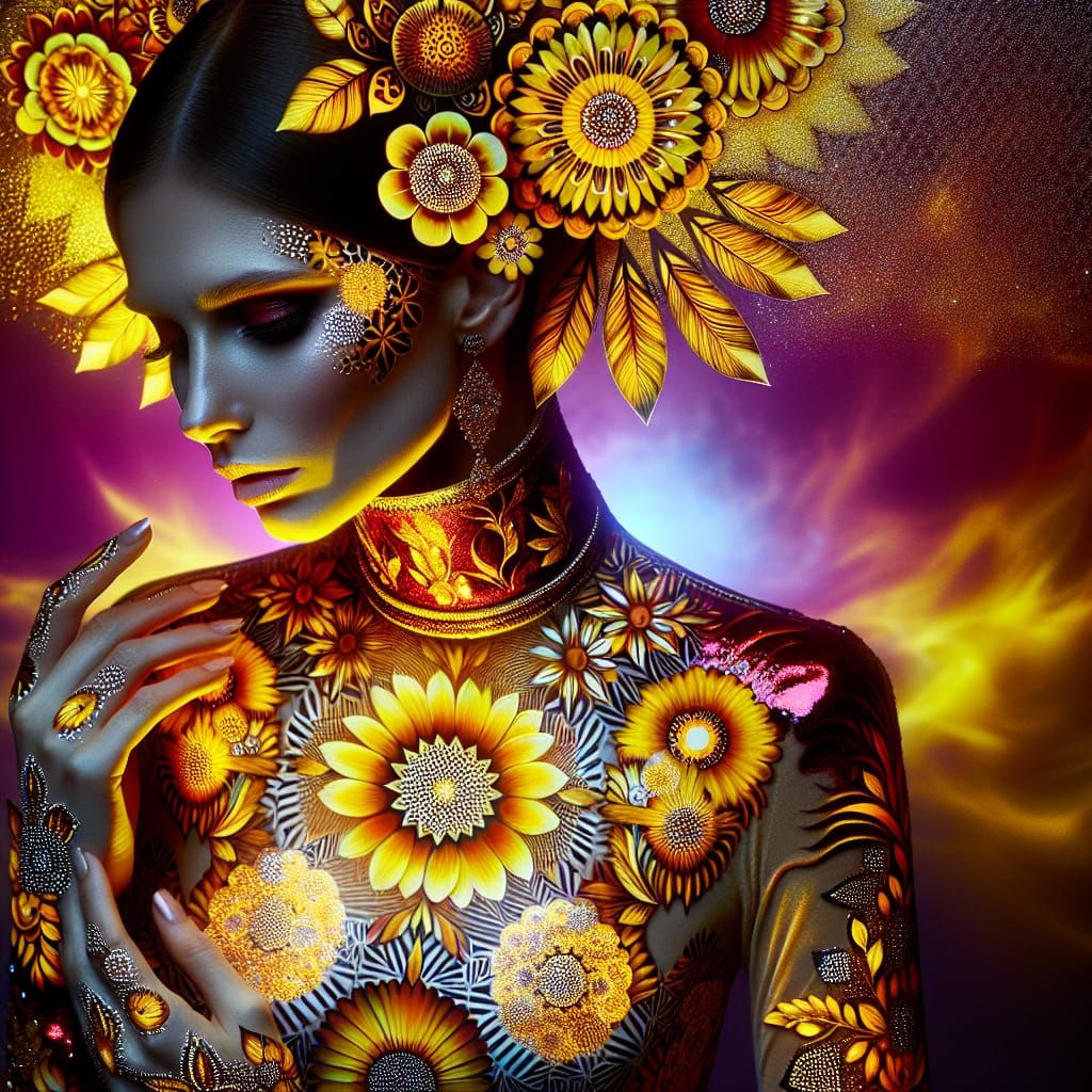 Ethereal Goddess in Vibrant Floral and Geometric Patterns