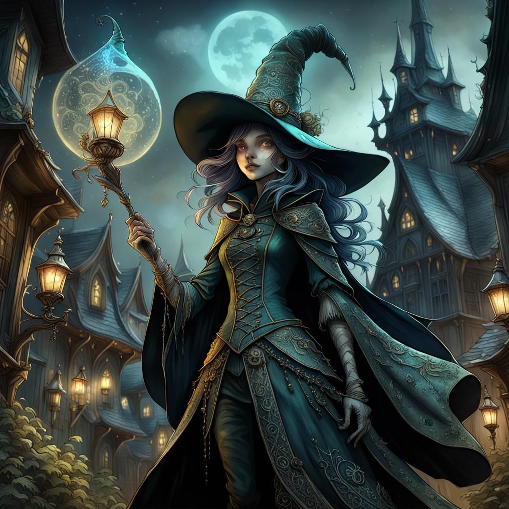 Goblincore Witch with Pointy Hat in Dark Fantasy Style