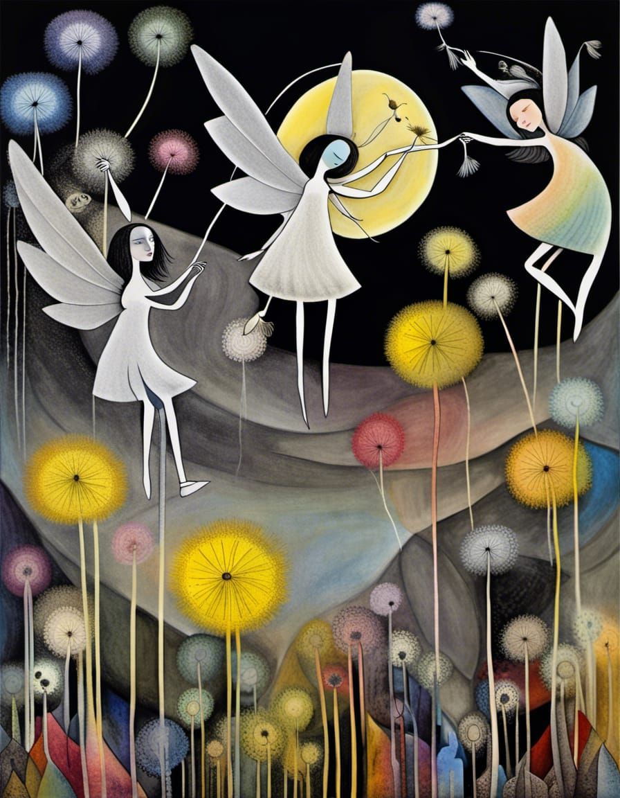 Fairies in Dandelion Dreamscape: Surreal Colorful Art