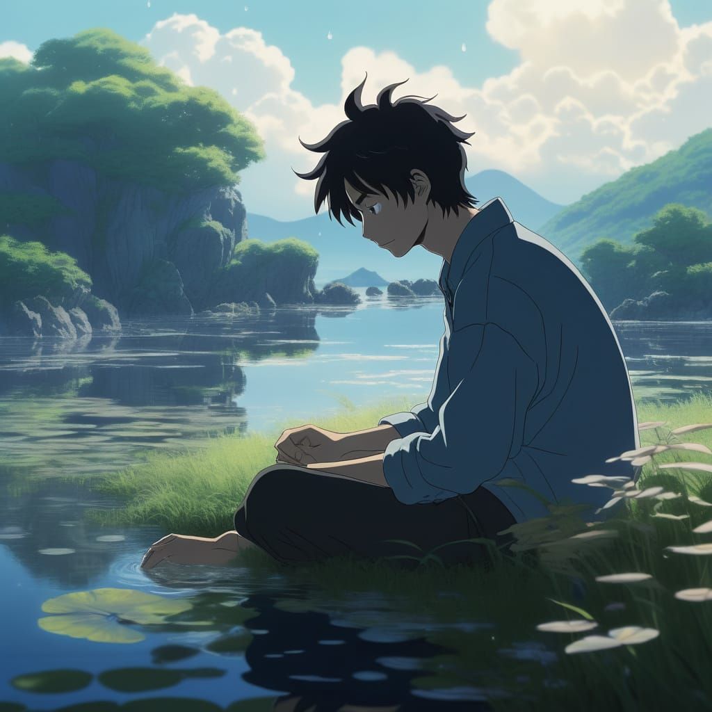 Surreal Waterfront Scene with Ryuk in Serene Slumber