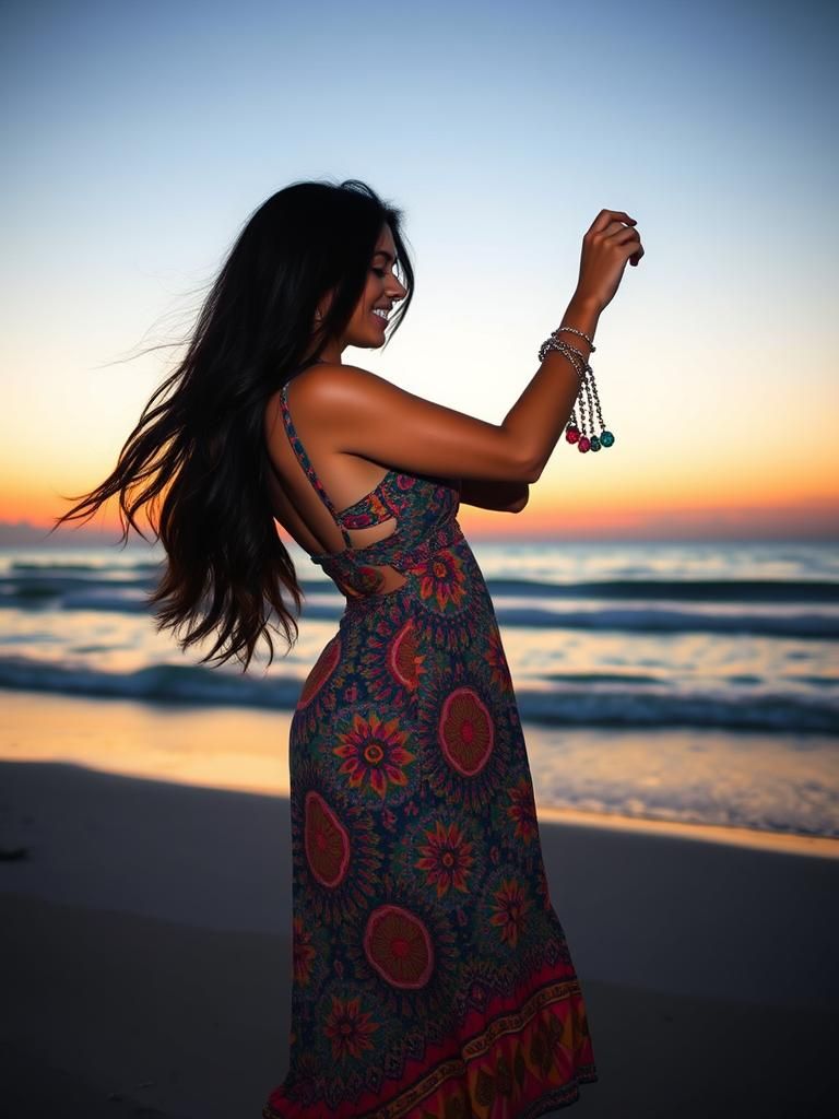 Vibrant Hippie Goddess Dancing at Sunset Beach