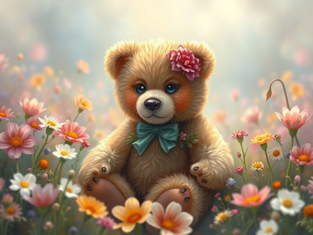 Cute Teddy Bear in Ethereal Flower Field