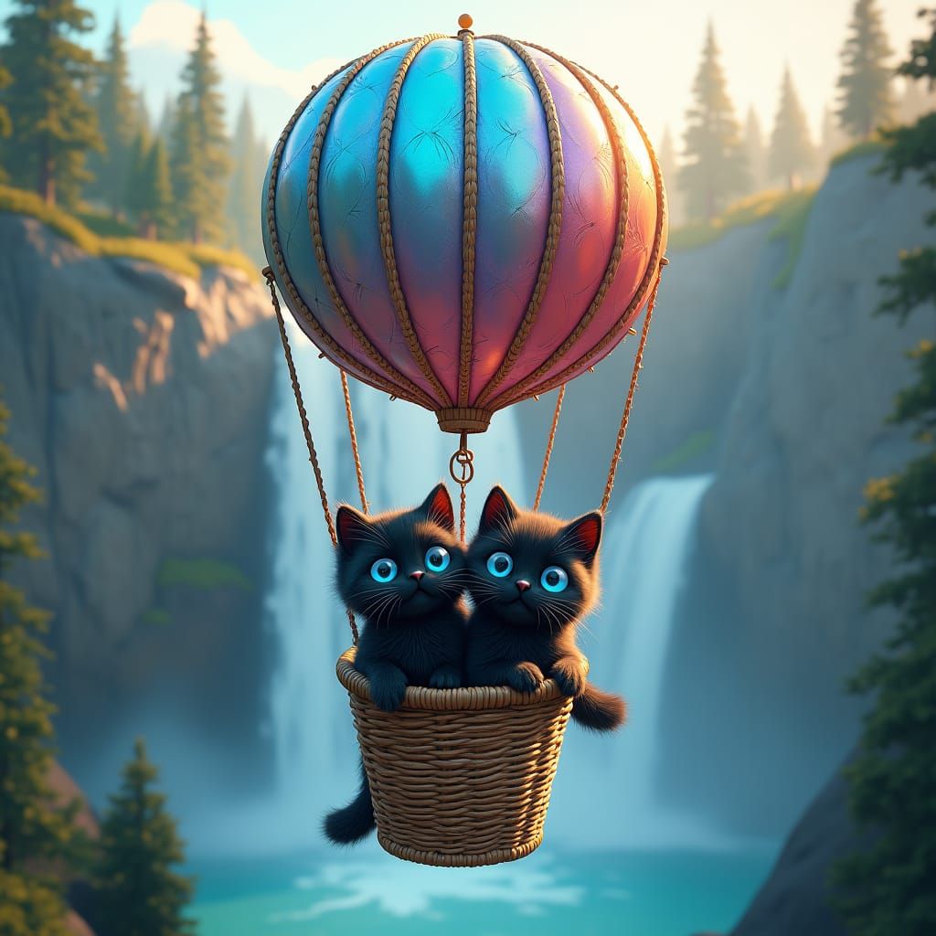 Two adorable, fluffy black kittens with oversized, shining eyes and button noses, posed playfully inside a vibrant hot a...