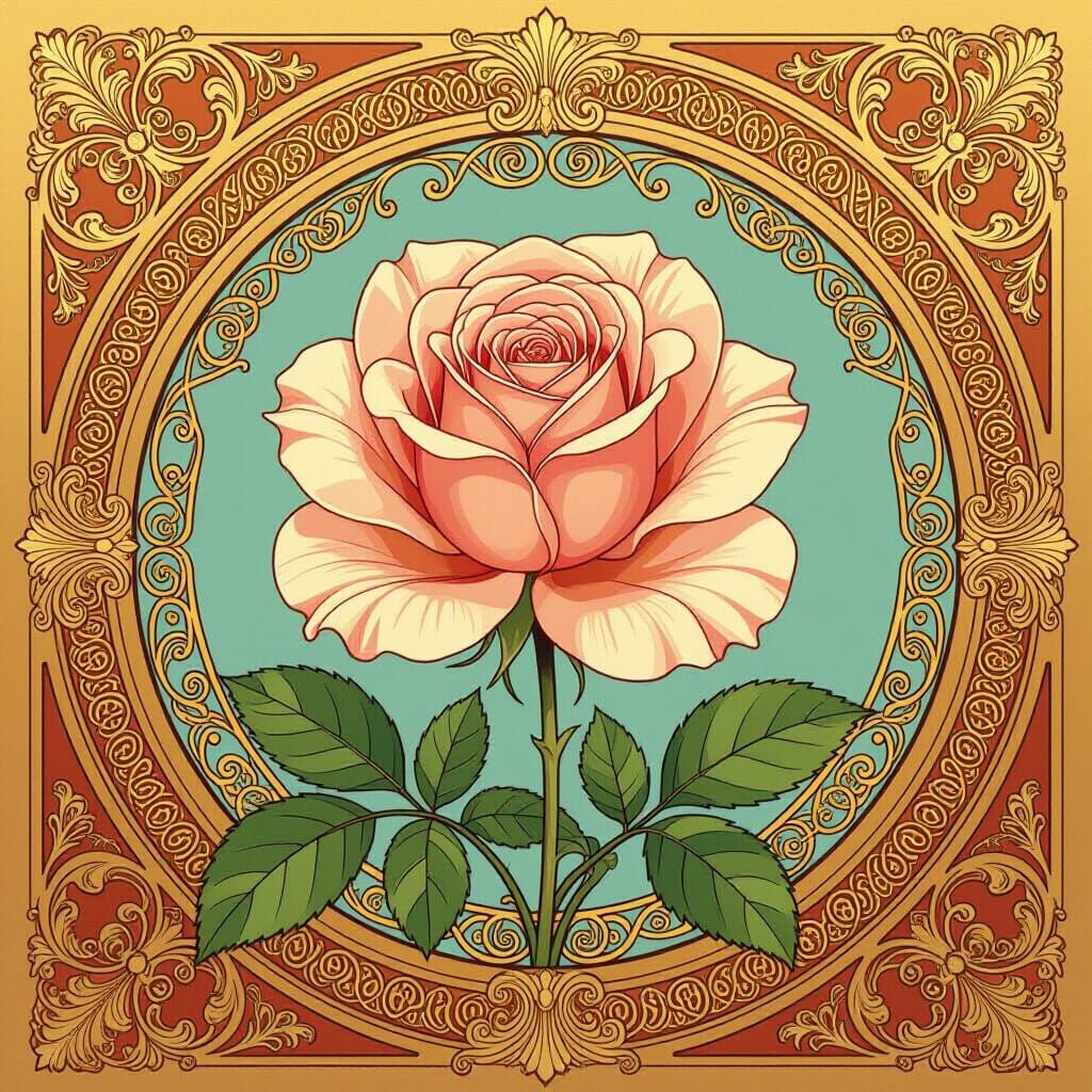 Elegant Rose in Ornate Gold Frame, Art Nouveau Style