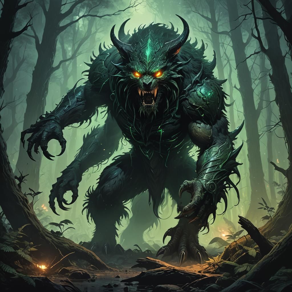 Monstrous Hunter Stalks Prey in Moonlit Forest
