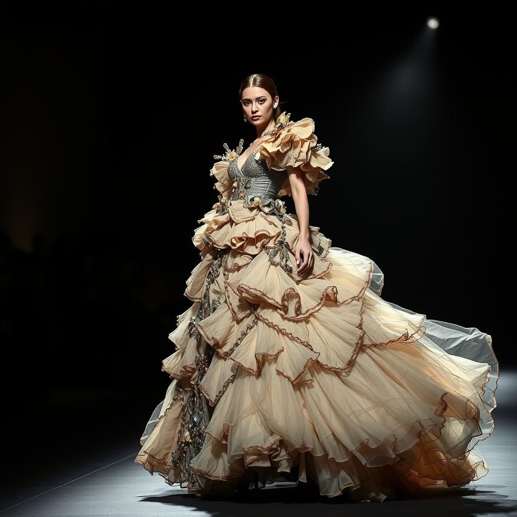 Dramatic Haute Couture Gown on Runway with Hard Lighting
