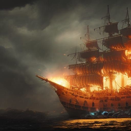 Burning Pirate Ship Battle on a Windy Night