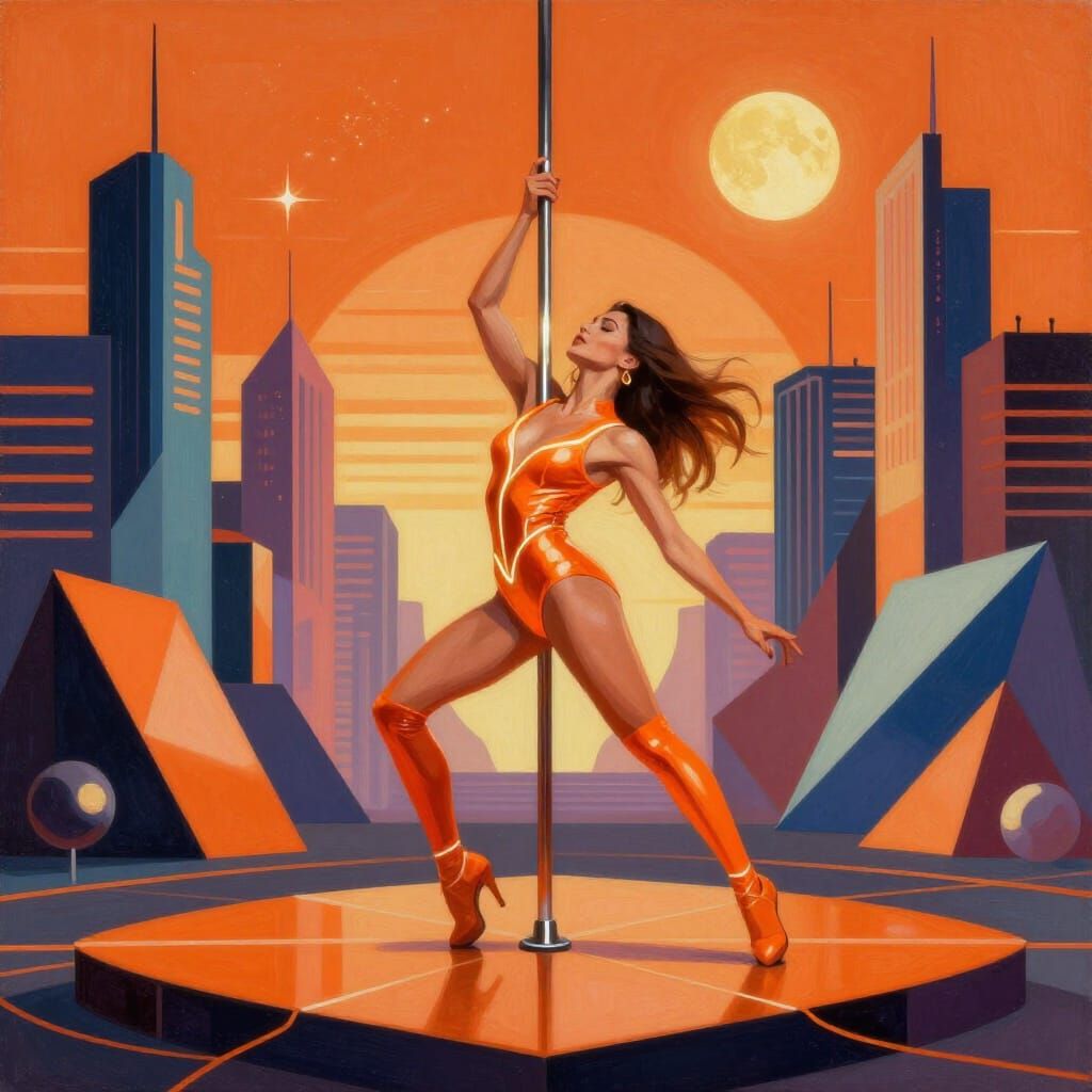 Retro Futuristic Pole Dancer in Orange Cityscape