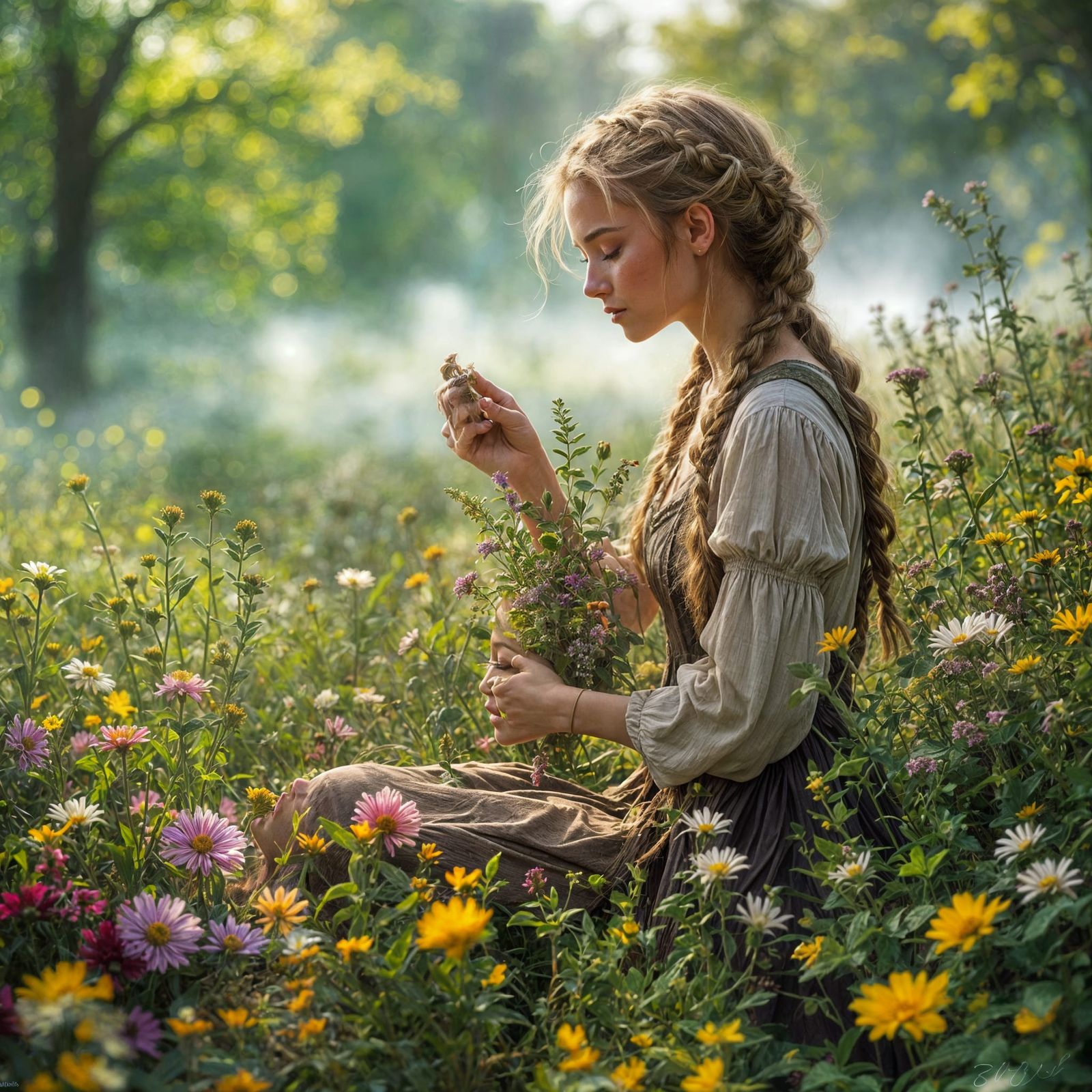 Enchanted Herbalist in Morning Mist