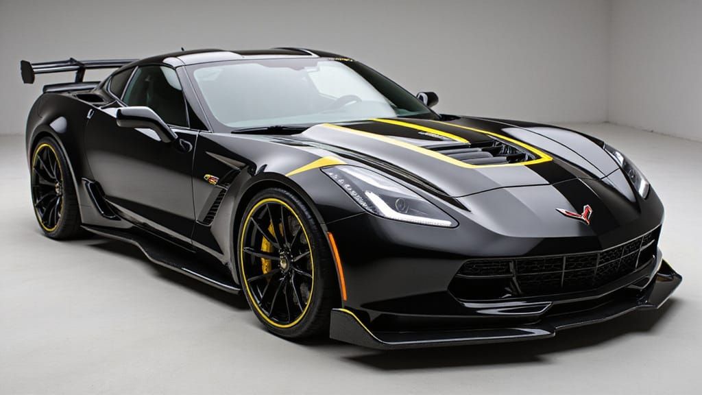 Futuristic Corvette EV in Gloss Black with Yellow Pinstripes