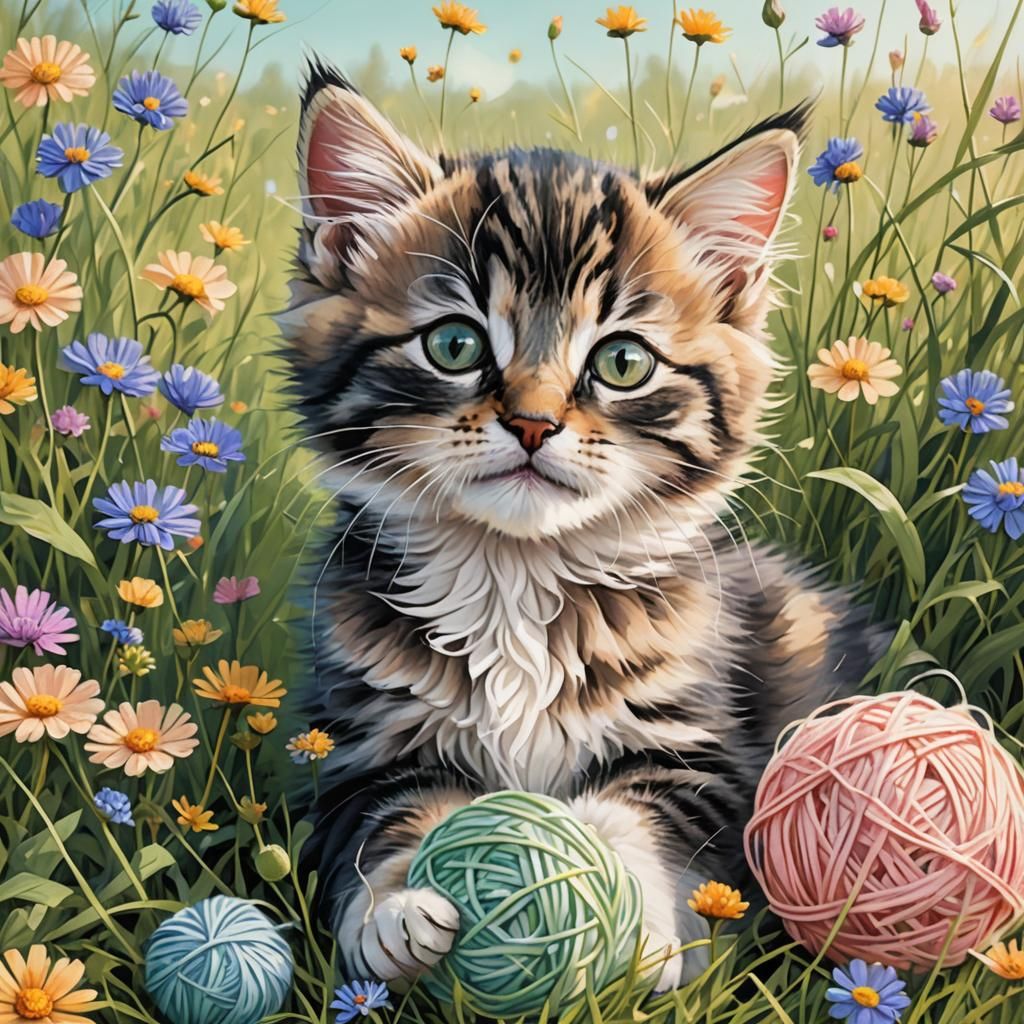 Kitten Snuggles Yarn in Sunny Meadow Illustration