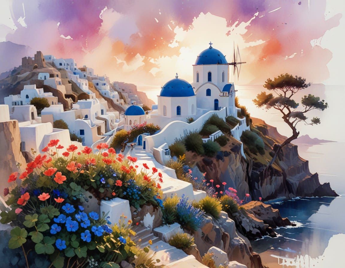 Santorini Homes Watercolor: Domes, Sea & Geraniums