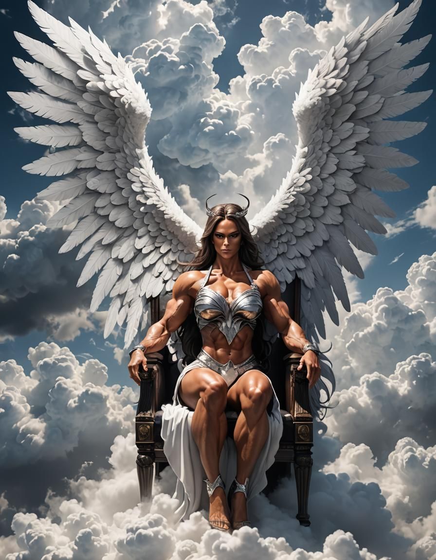 Winged Bodybuilder Queen on Cloud Throne