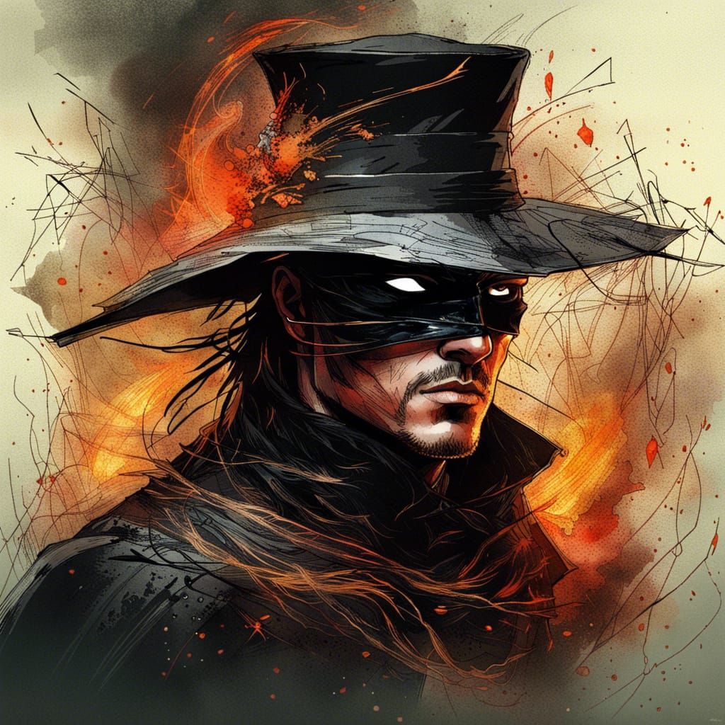 Zorro Portrait with Fire Background in Surreal Style
