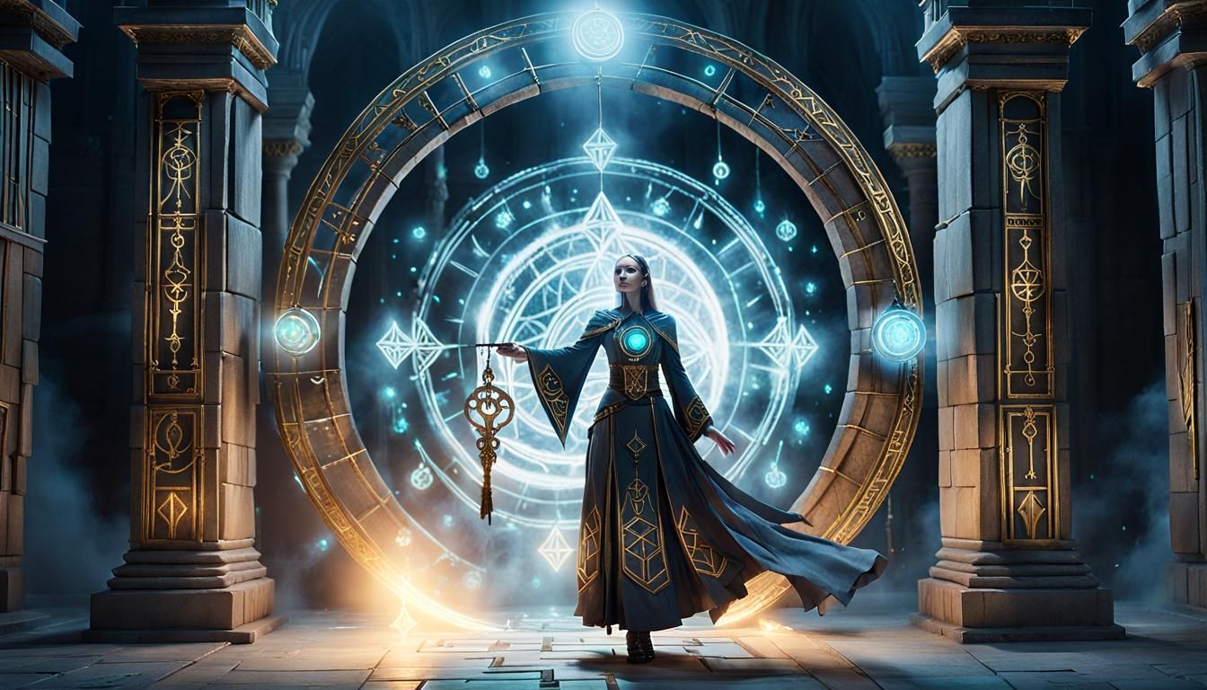 Guardian Woman Before Arcane Portal in Fantasy Aesthetic