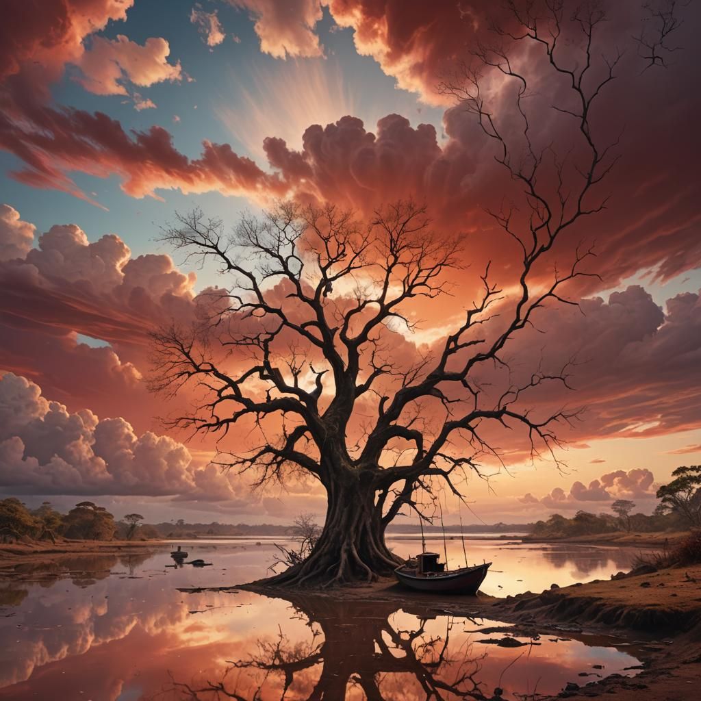 Lonely Tree Overlooking Orinoco River at Sunset