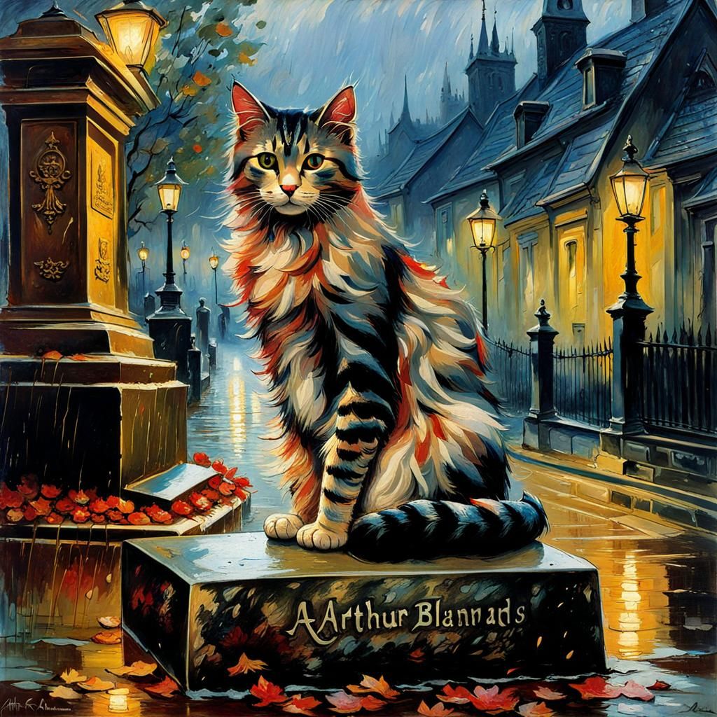 Cat Portrait by Gravestone in Rain, Arthur Rackham Style