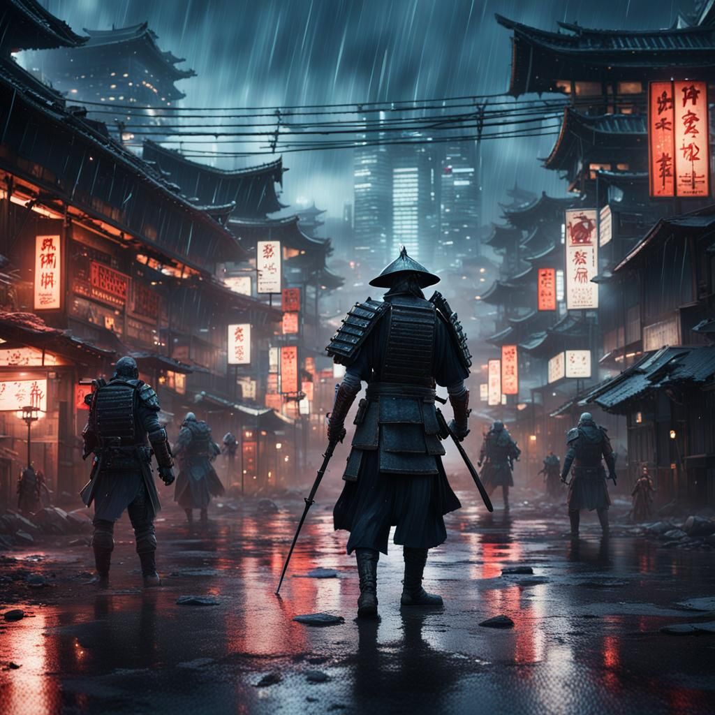 Cyberpunk Samurai's Last Stand Against Zombie Hordes