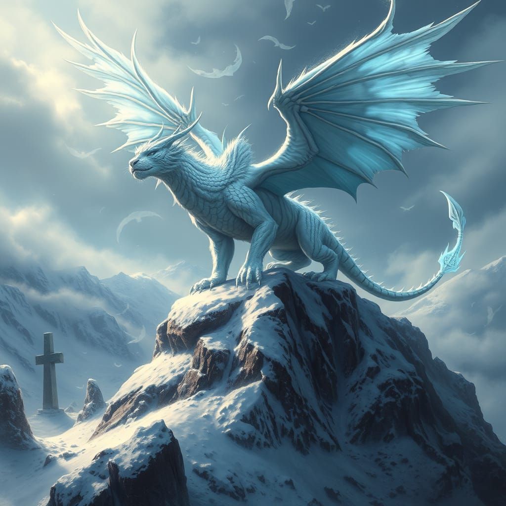Winged White Tiger-Dragon on Snowy Peak