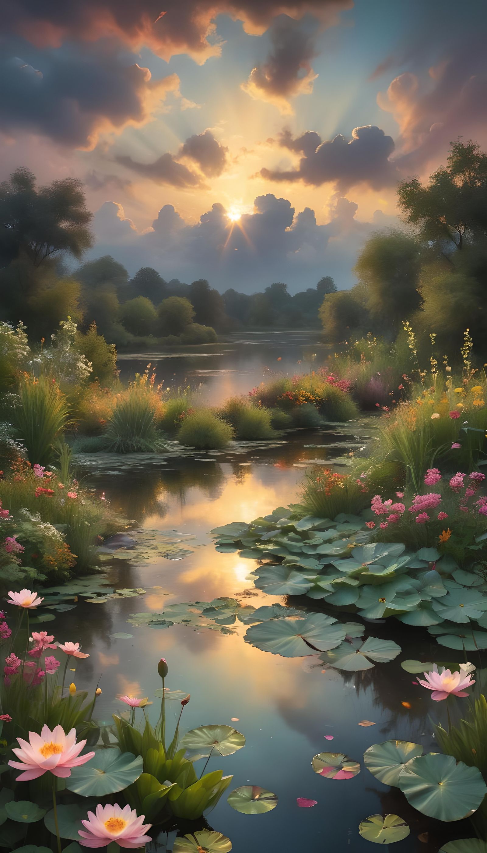 Sunset Over Pond in Luxe Surrealcore Garden