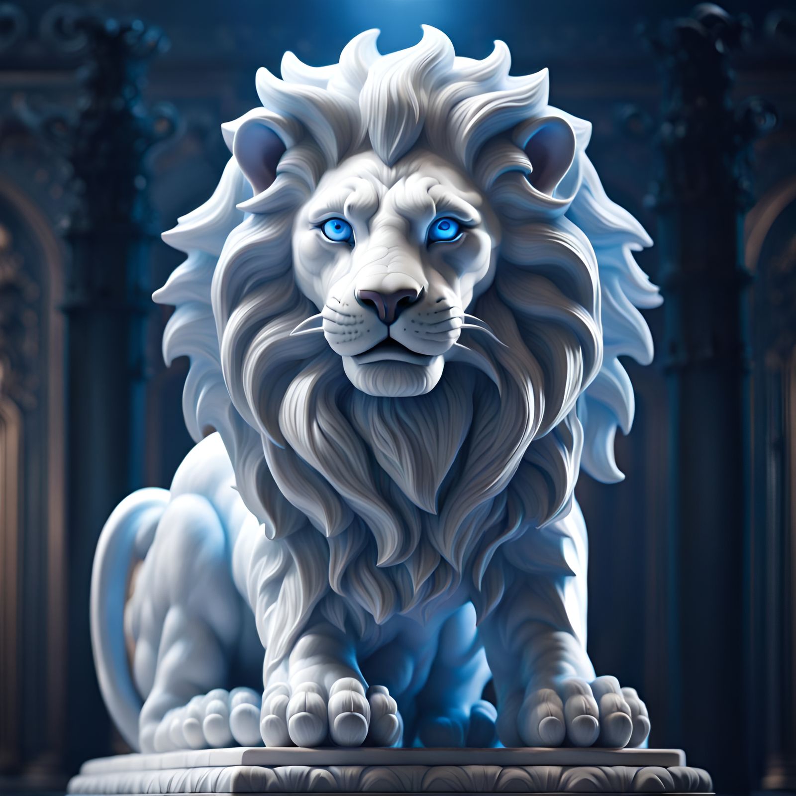 Marble Lion Statue with Blue Lighting