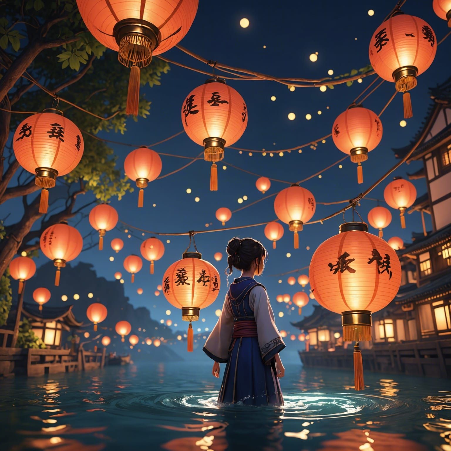 Lantern Festival Above Water in 3D Anime Art