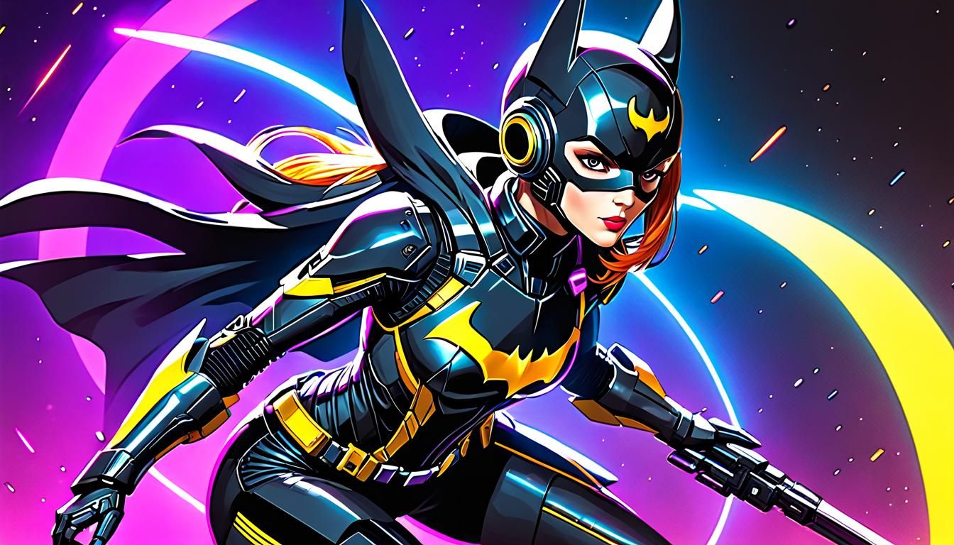 Batgirl in Cyberpunk Armor Flies Through Space