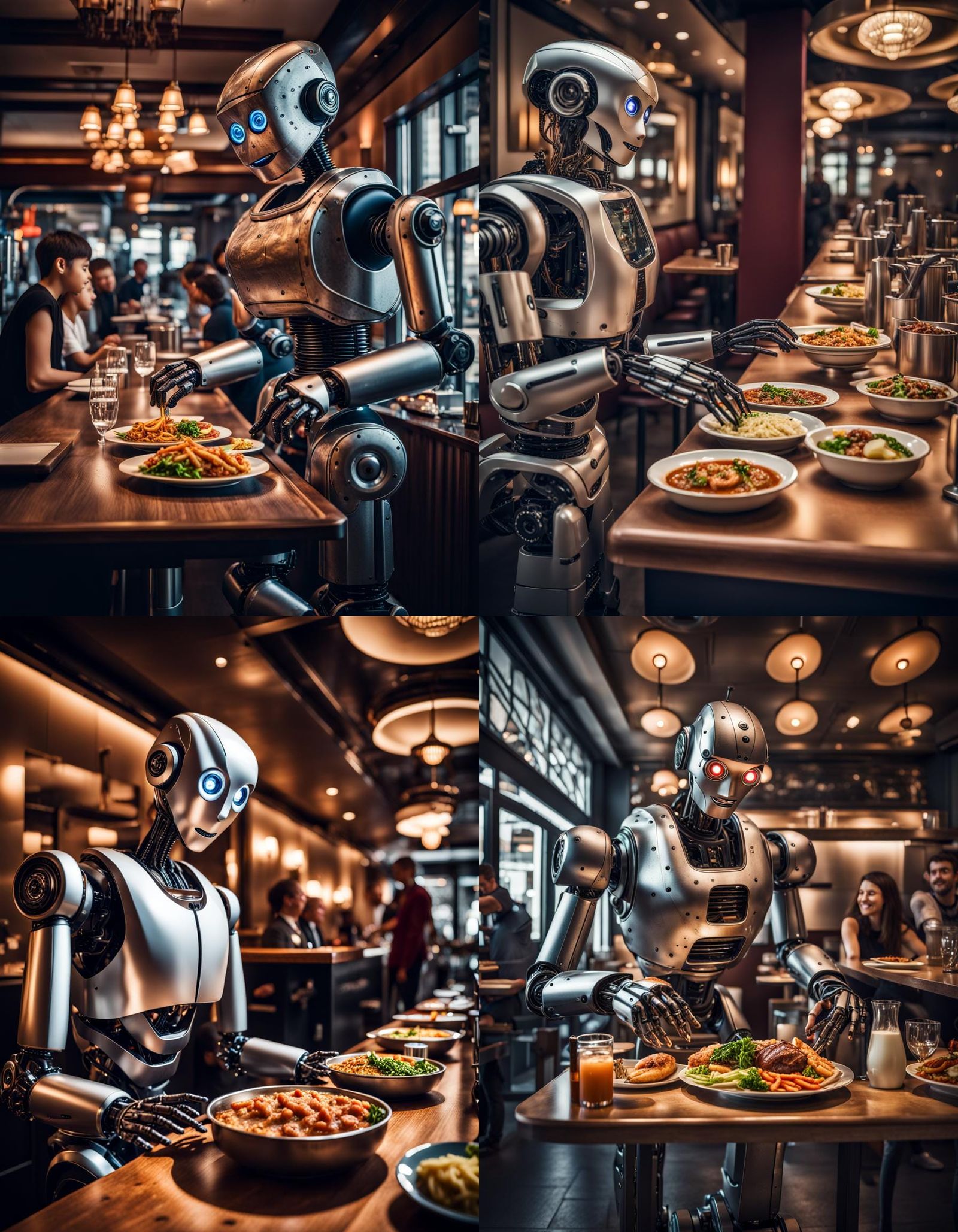 robot serving food to people inside a restaurant