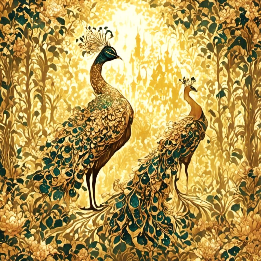 Golden Peacock in Enchanted Forest