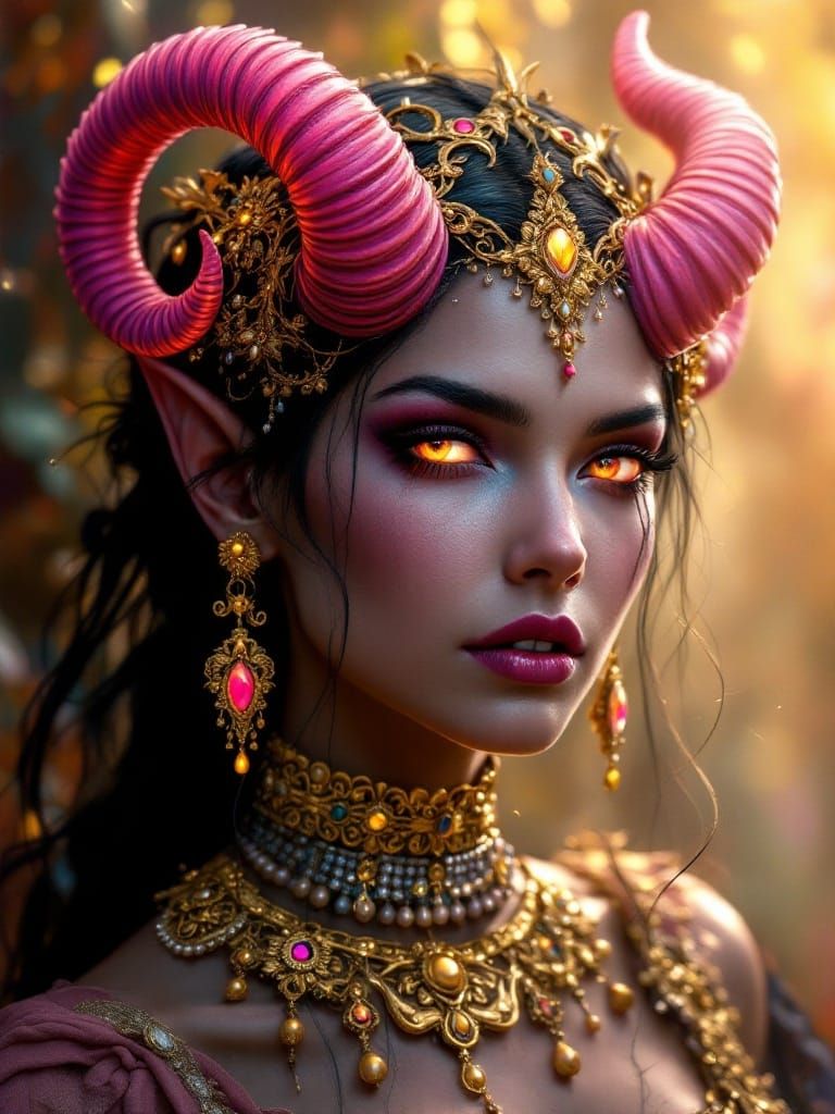 Majestic Tiefling with Pink Horns in Mystical Landscape