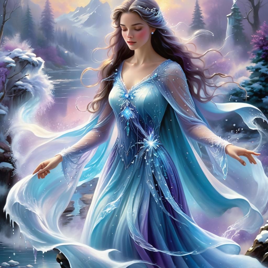 Icy Winter Goddess Portrait in Watercolor Style
