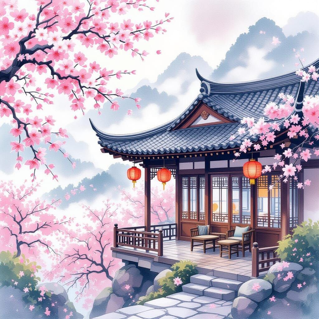 Elegant East Asian House Amidst Cherry Blossoms