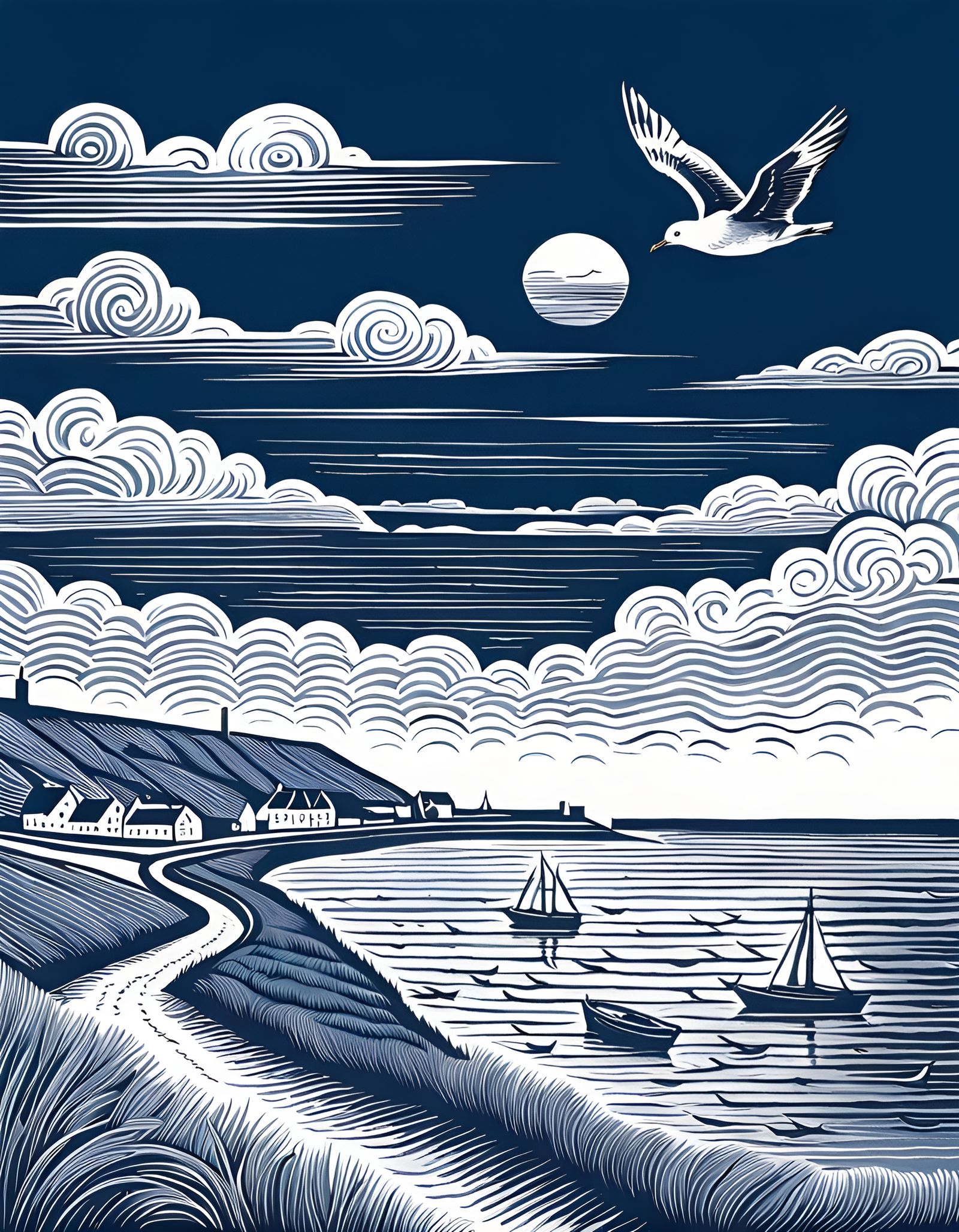 Fecamp Seaport Linocut Print in Blue and White