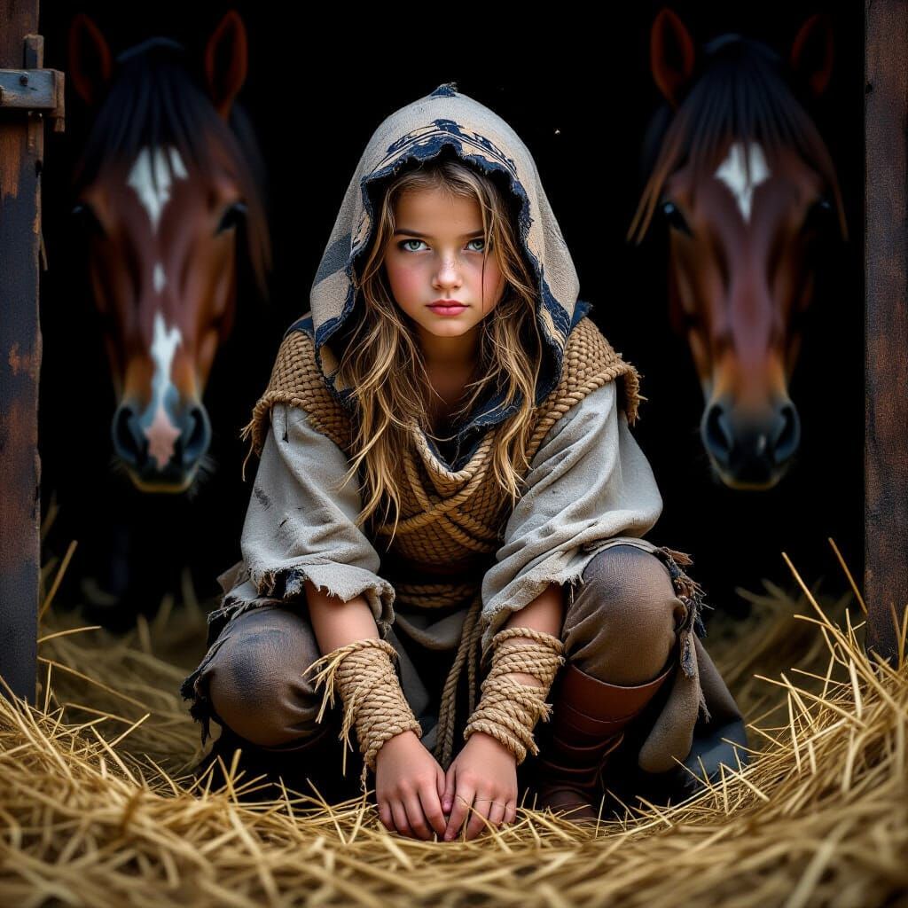 Medieval Girl Crouching in Straw with Shining Horse Eyes