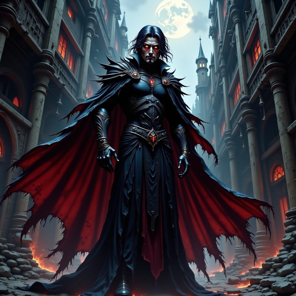 Gothic Servant of Dracula in Dark Castle Courtyard