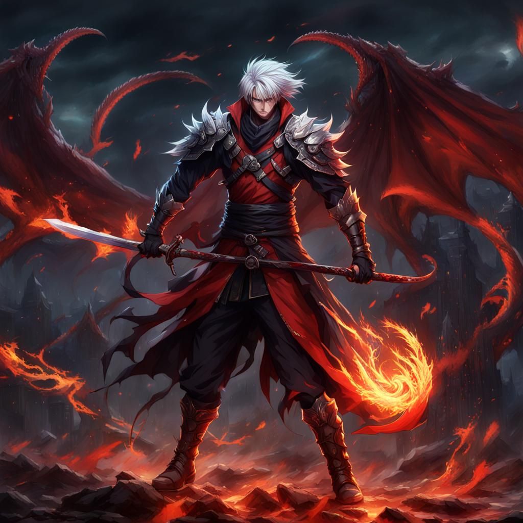 Anime Swordsman with Demon Aura on Dragon