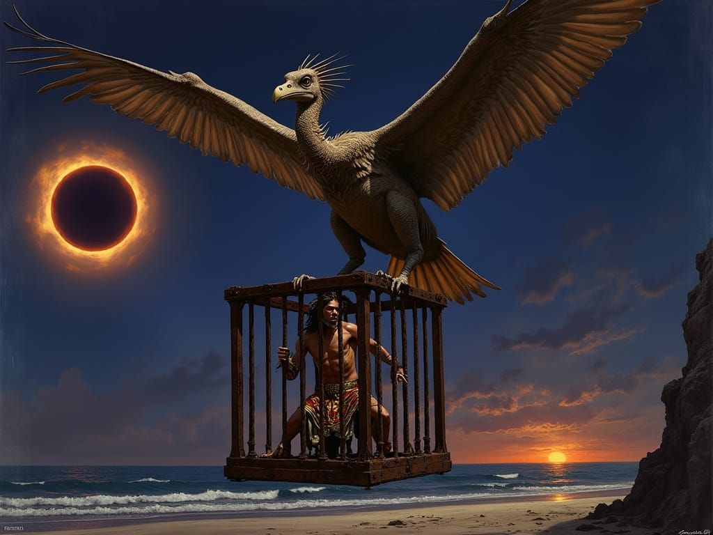 Man in Cage Carried by Pterodactyl Sunset