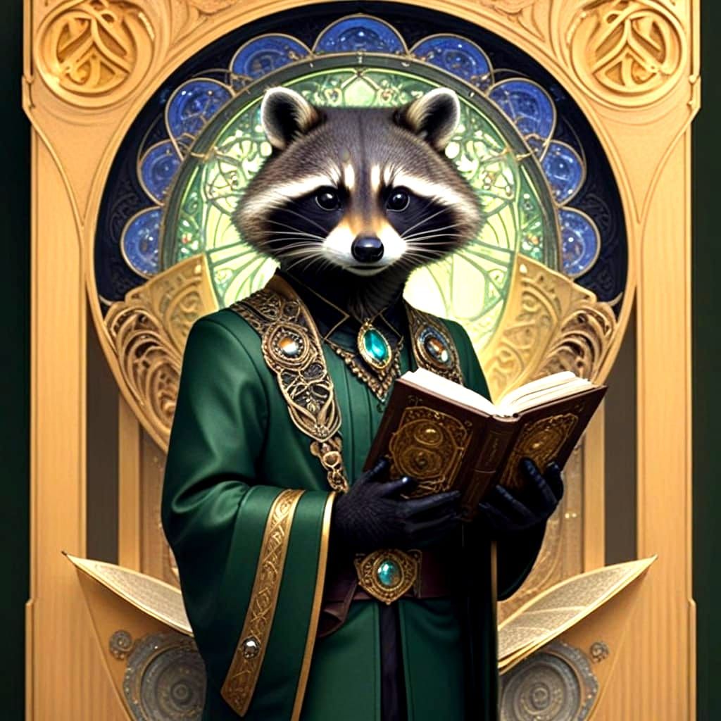 Raccoon Book Thief in Art Nouveau Emporium