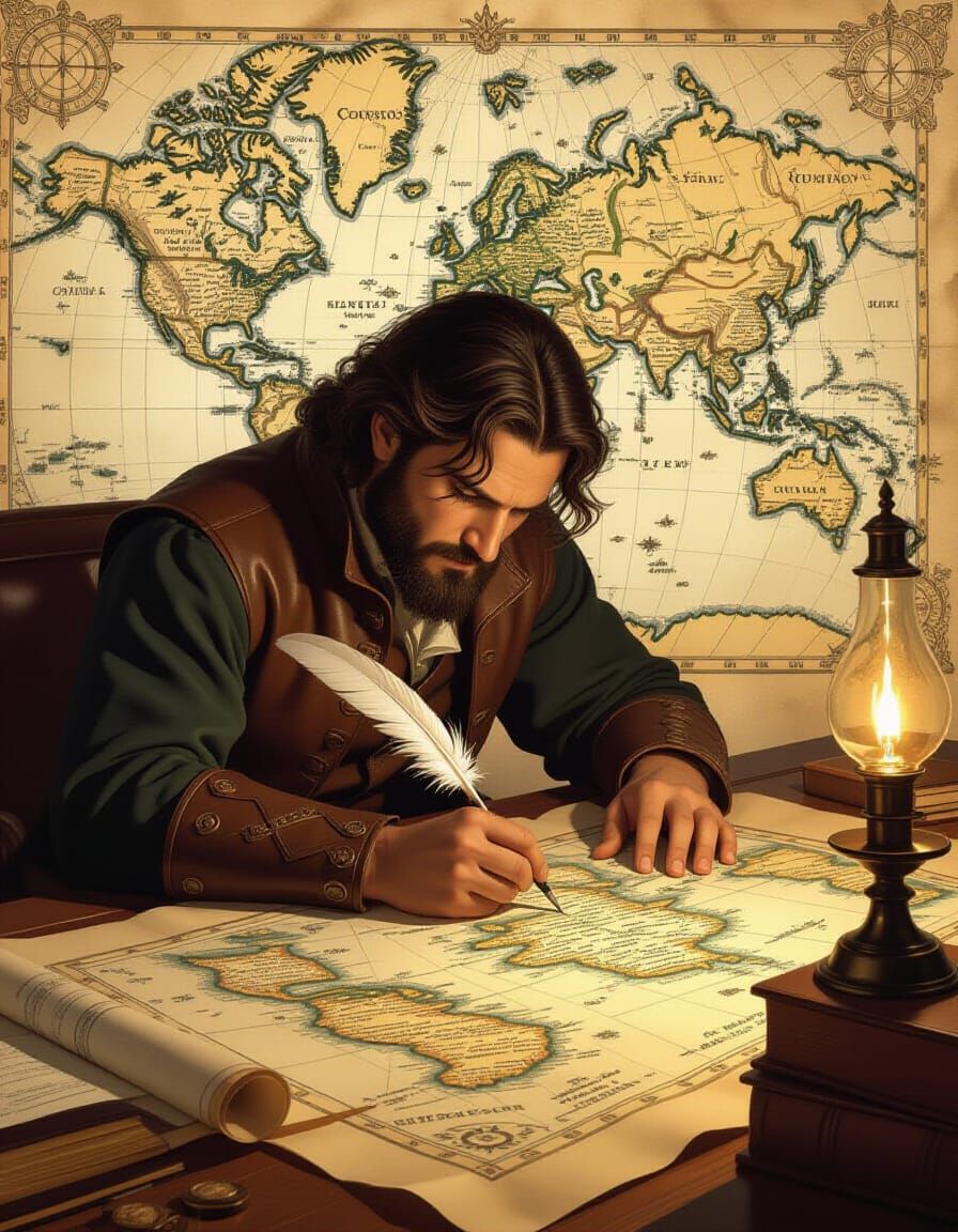 Fantasy Cartographer Drawing Ancient Map by Oil Lamp