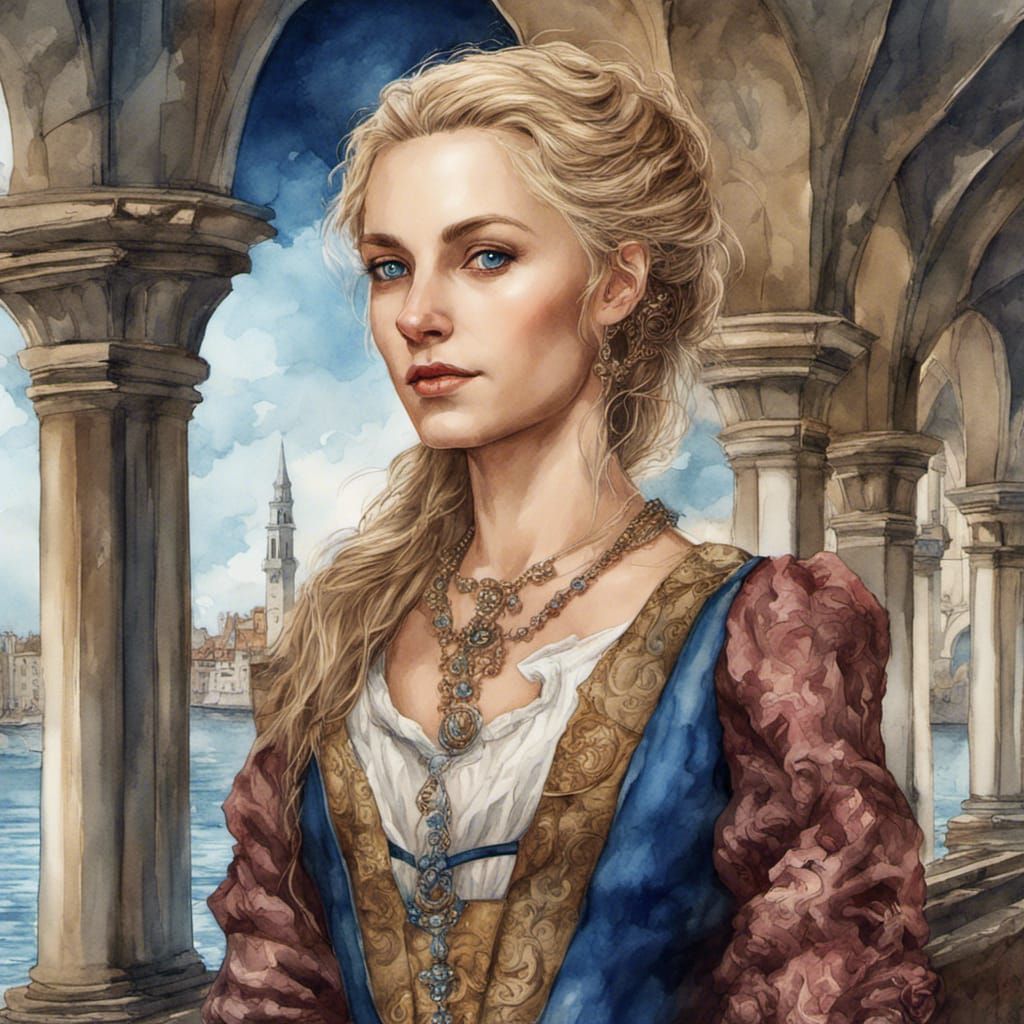 Renaissance Aristocrat on Waterfront as Watercolor Painting