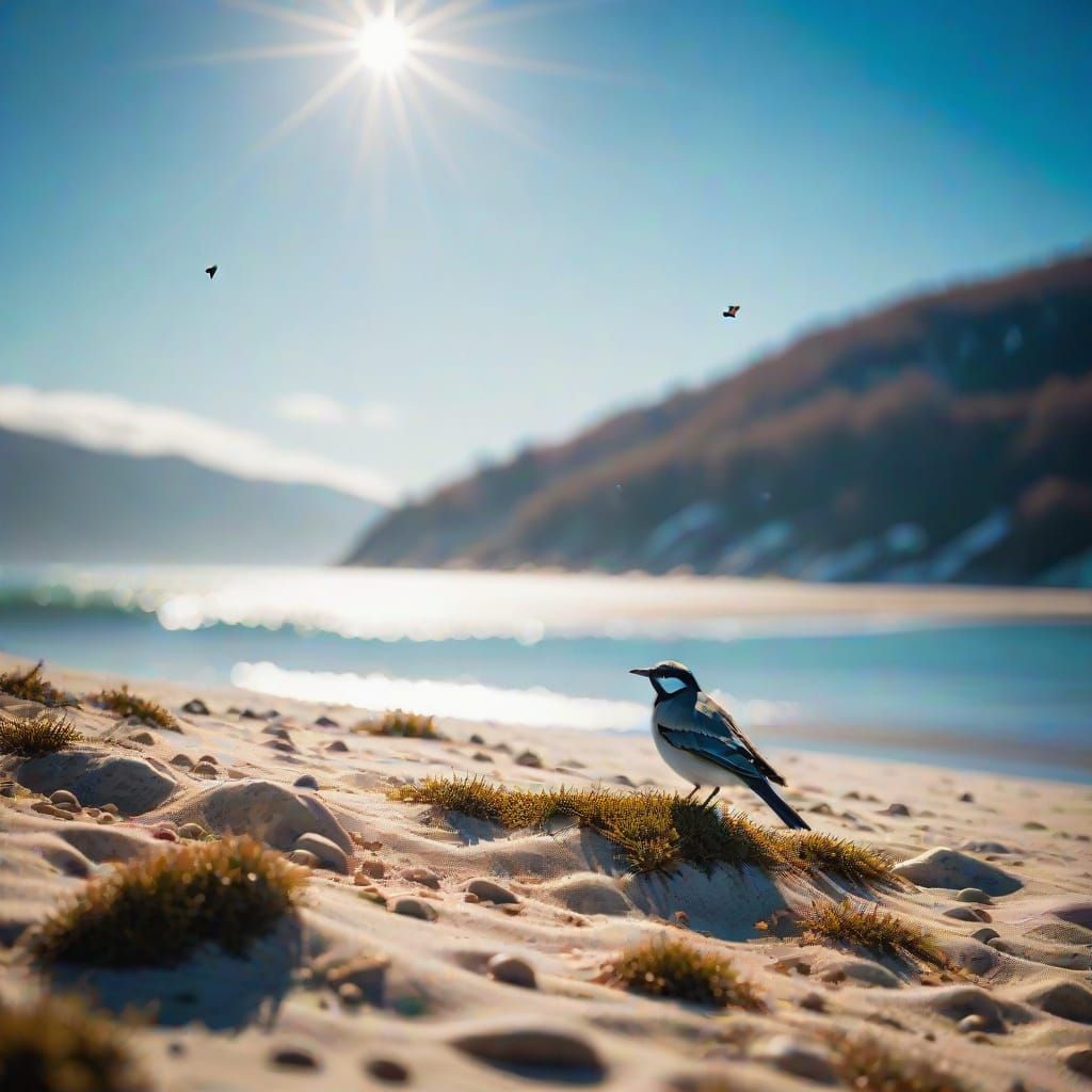 Snowy Mountain Beach Double Exposure with Bird