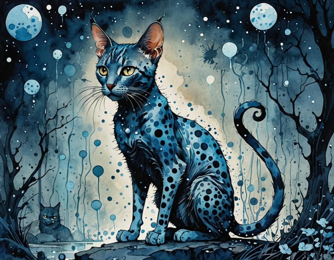 Surreal Blue Oriental Cat in Watercolor Style