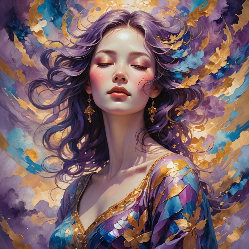 Ethereal Woman Surrounded by Iridescent Clouds