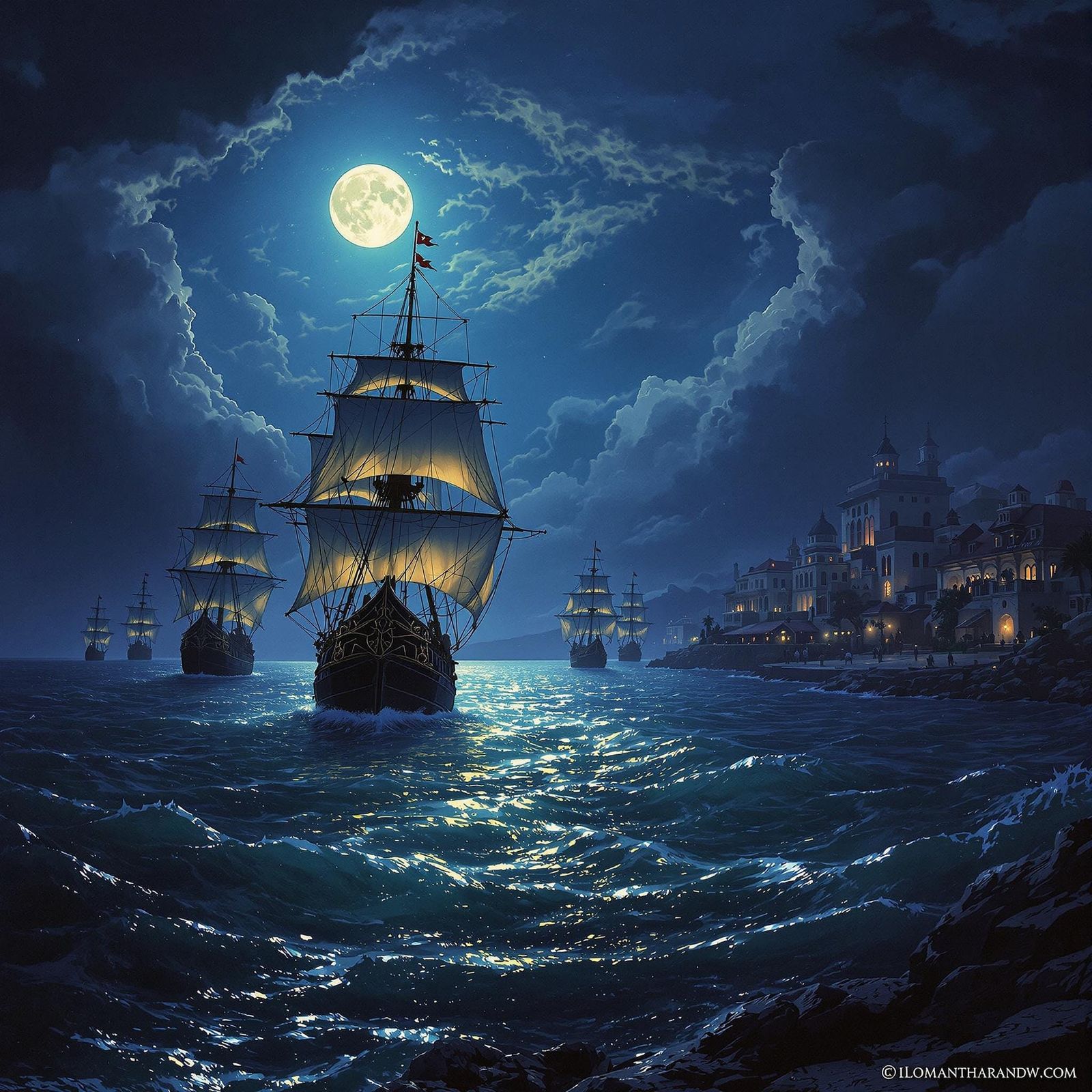 Pirate Fleet Sails Silently Through Moonlit Night