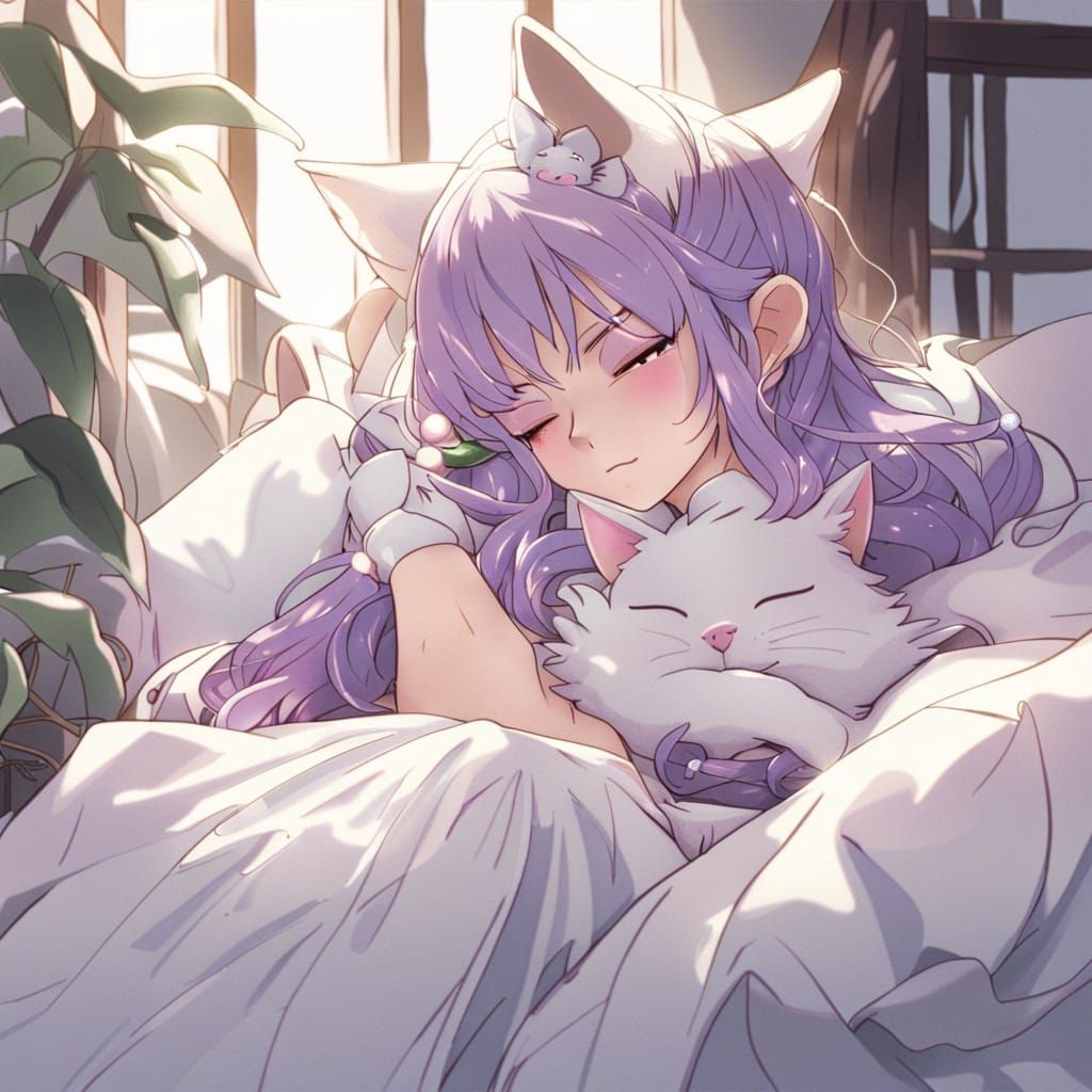 Elf Sleeping with Violet Cat in Anime Style
