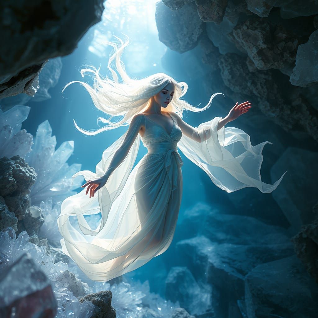 Pearlescent Oceanid Swimming in Crystal Cave