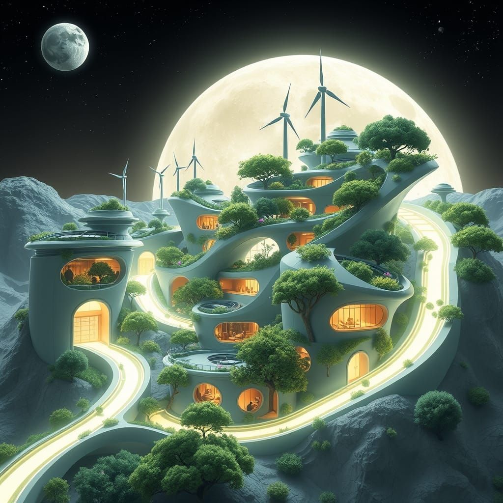 Eco-Friendly Lunar Cityscape with Rooftop Gardens and Sustai...