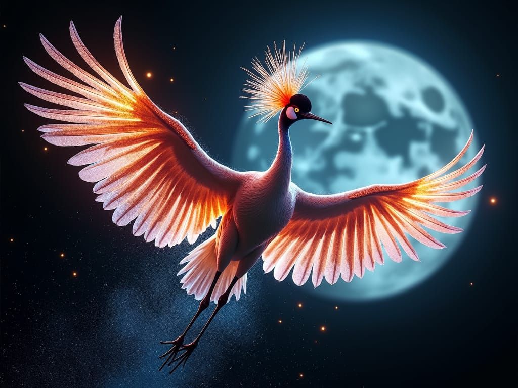 Celestial Crane Soaring Under Moonlight